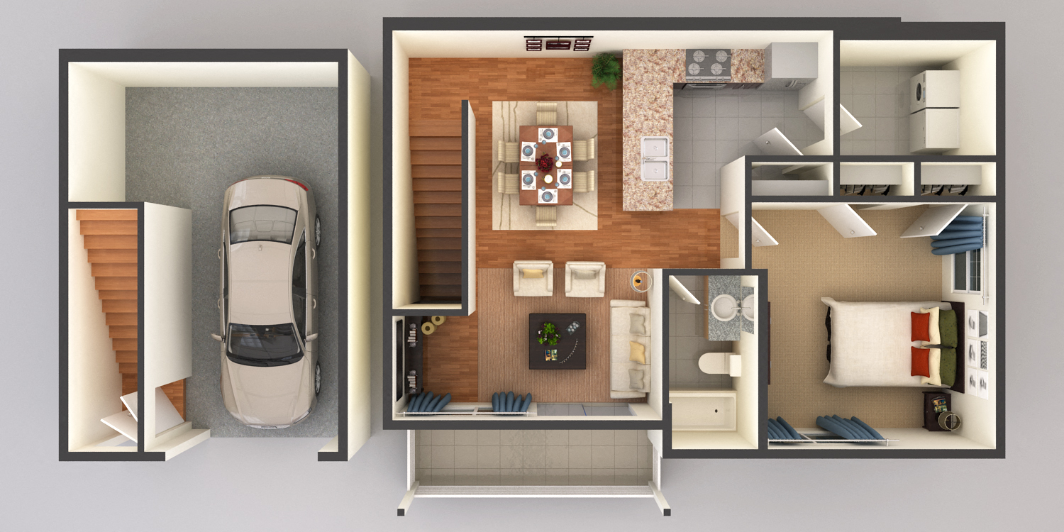 Floor plan for 1 bed, 1 bath, 933 sqft